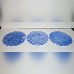 Vintage KIG Frosted Blue Glass Grape Embossed Plates Set of 3 Satin Finish